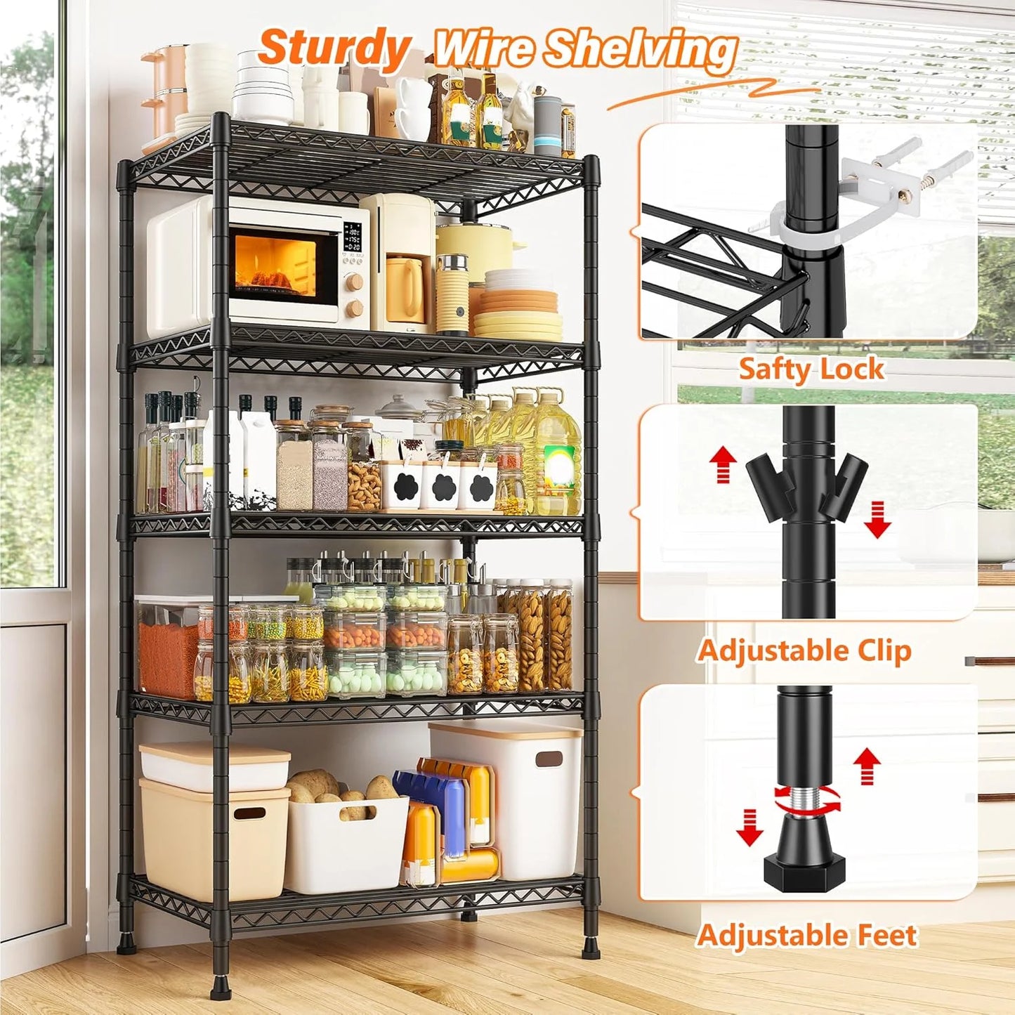 Metal Shelving 5 Tier Wire Sturdy Storage Shelves Adjustable Steel Organizer Wire Rack for Kitchen Laundry Room Storage Room Black 63“Hx 21.65“L X 11.8”D