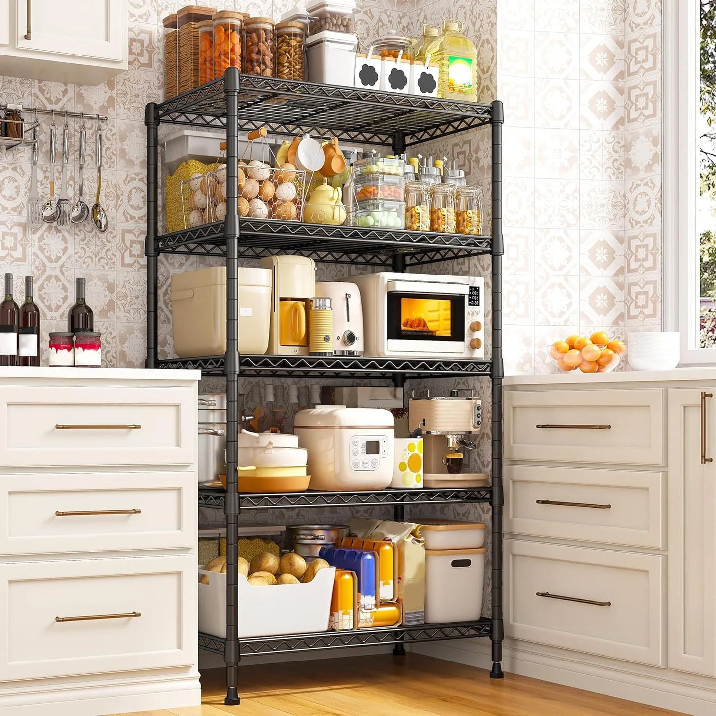 Metal Shelving 5 Tier Wire Sturdy Storage Shelves Adjustable Steel Organizer Wire Rack for Kitchen Laundry Room Storage Room Black 63“Hx 21.65“L X 11.8”D