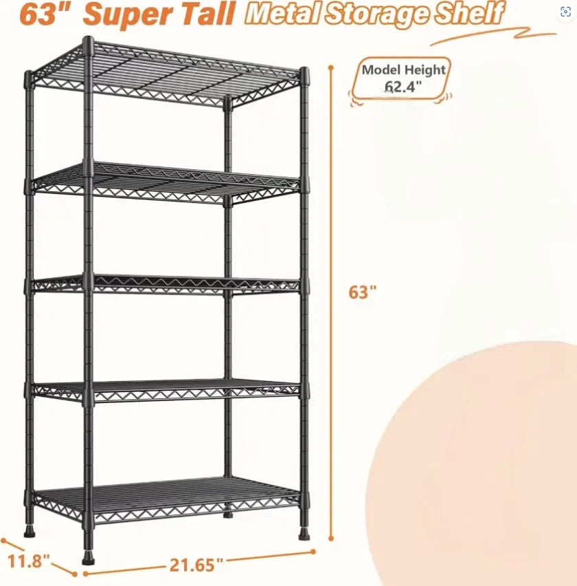 Metal Shelving 5 Tier Wire Sturdy Storage Shelves Adjustable Steel Organizer Wire Rack for Kitchen Laundry Room Storage Room Black 63“Hx 21.65“L X 11.8”D