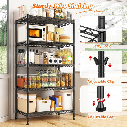 Metal Shelving 5 Tier Wire Sturdy Storage Shelves Adjustable Steel Organizer Wire Rack for Kitchen Laundry Room Storage Room Black 63“Hx 21.65“L X 11.8”D