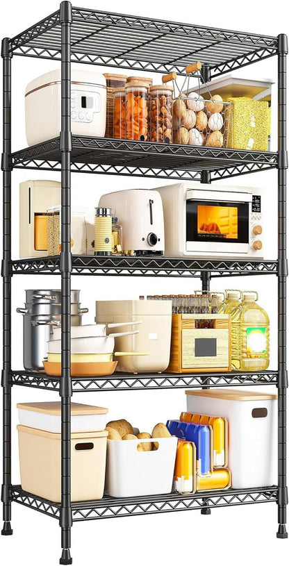Metal Shelving 5 Tier Wire Sturdy Storage Shelves Adjustable Steel Organizer Wire Rack for Kitchen Laundry Room Storage Room Black 63“Hx 21.65“L X 11.8”D